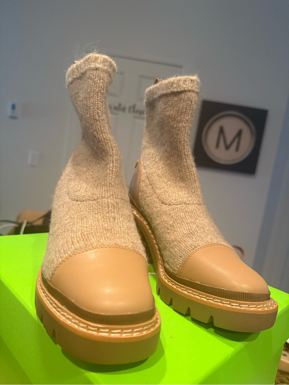 Sam Edelman Tan Knit Sock Chelsea Heeled Boots size 5.5 - Picture 2 of 4